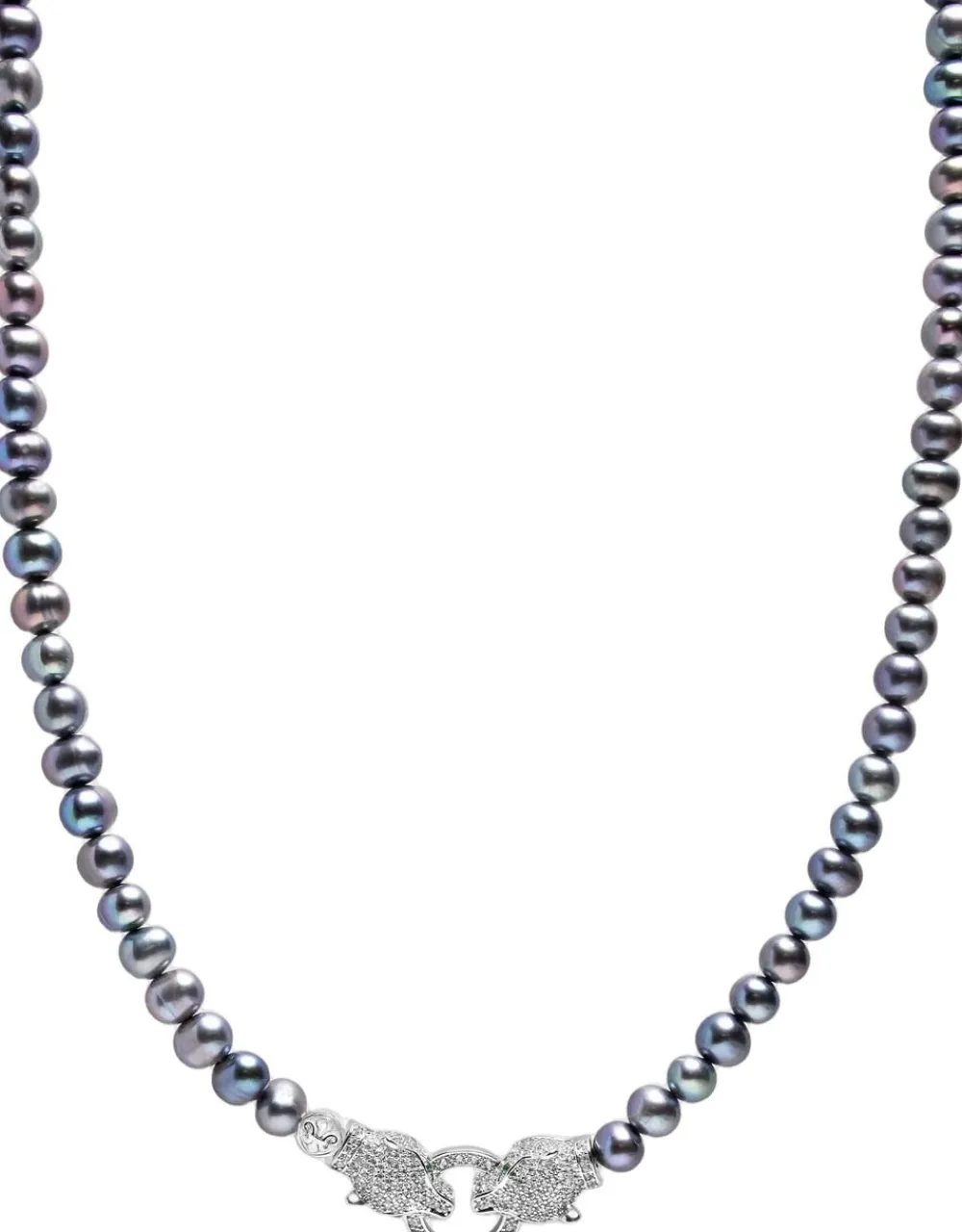 Nialaya Black Pearl Choker with Double Panther Head in Silver