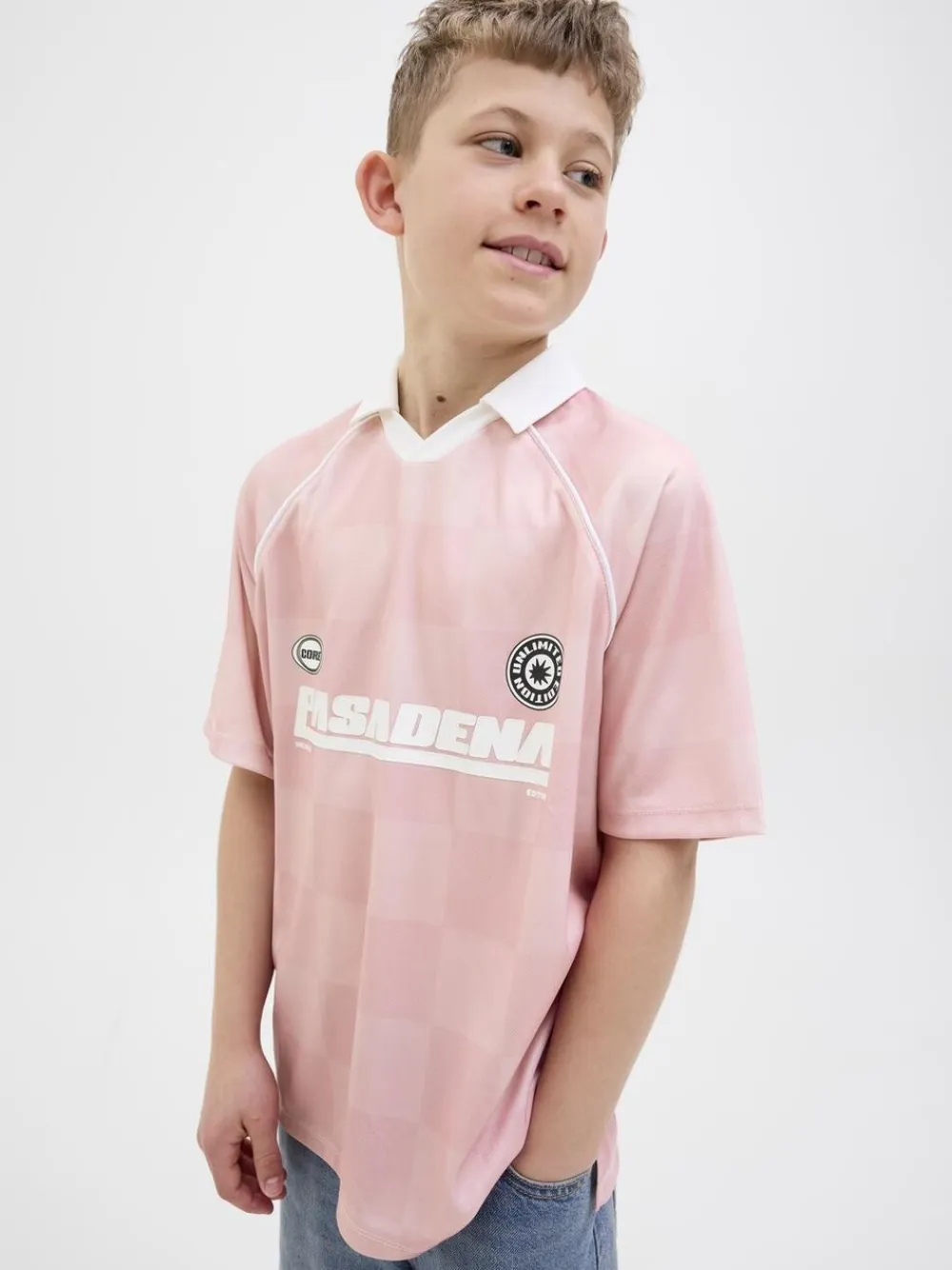Jack & Jones JCOLIDO AOP MESH OPEN COLLAR POLO J Pink icing/grey flannel