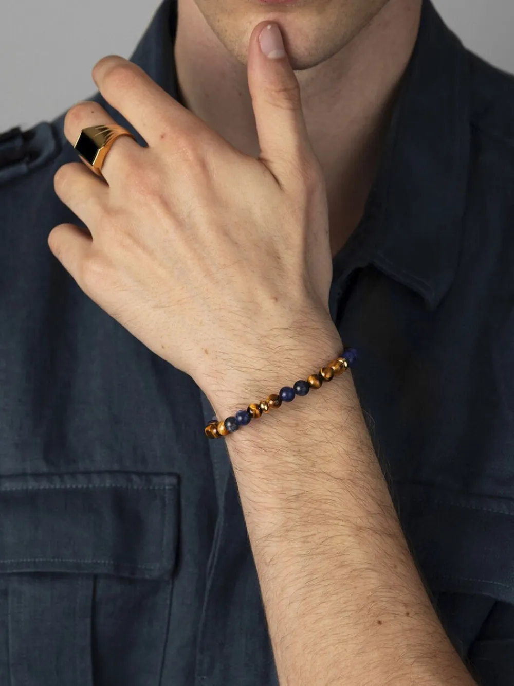 Men's Beaded Bracelet with Dumortierite, Brown Tiger Eye and>Nialaya Sale
