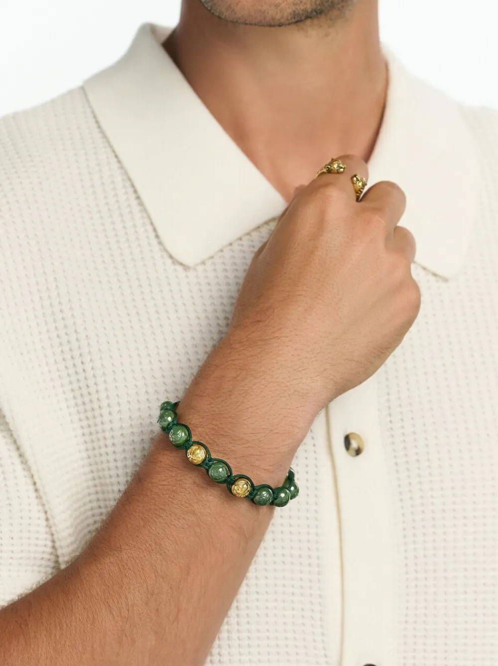 Men's Beaded Bracelet with Matte Green, Glossy Green Ceramic & Silver>Nialaya Online