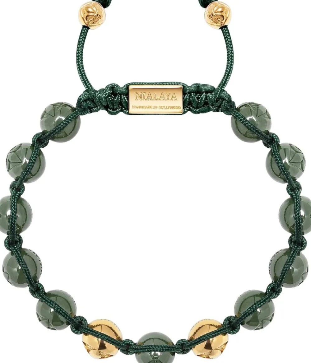 Men's Beaded Bracelet with Matte Green, Glossy Green Ceramic & Silver>Nialaya Online