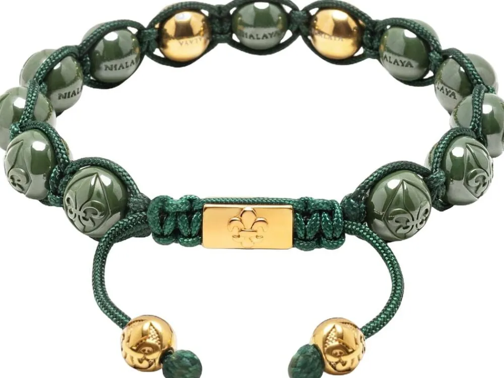 Men's Beaded Bracelet with Matte Green, Glossy Green Ceramic & Silver>Nialaya Online