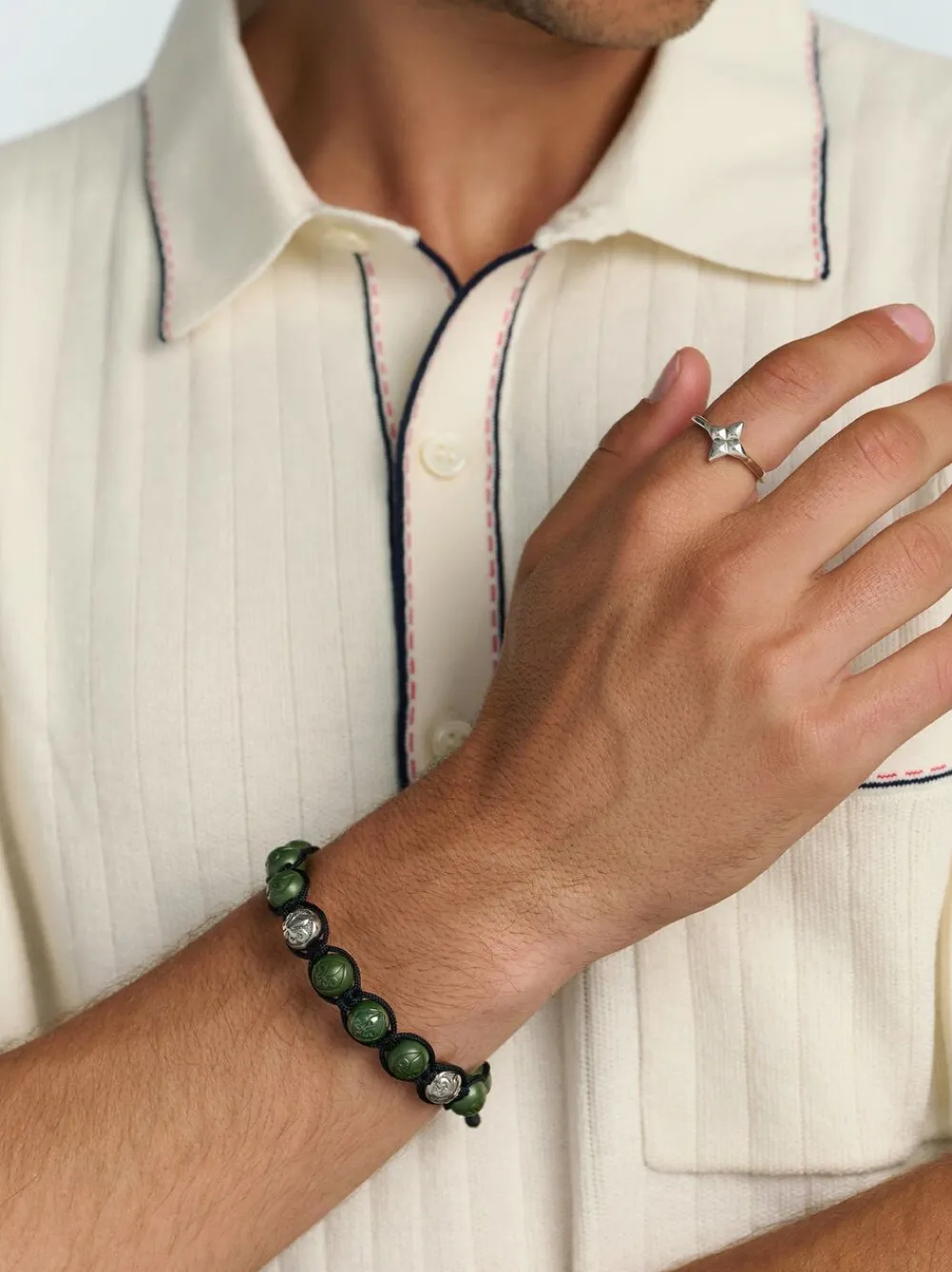 Men's Beaded Bracelet with Matte Green, Glossy Green Ceramic & Silver>Nialaya Online