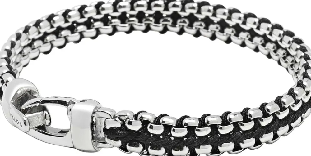 Nialaya Men's Black Woven 8mm Box Chain Bracelet in Silver Black / silver Discount