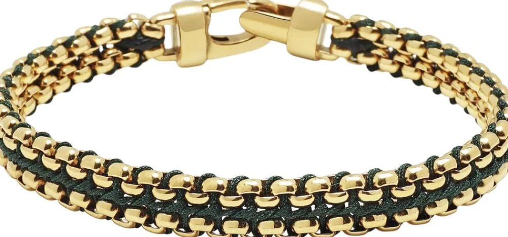 Nialaya Men's Green Woven 8mm Box Chain Bracelet in Gold