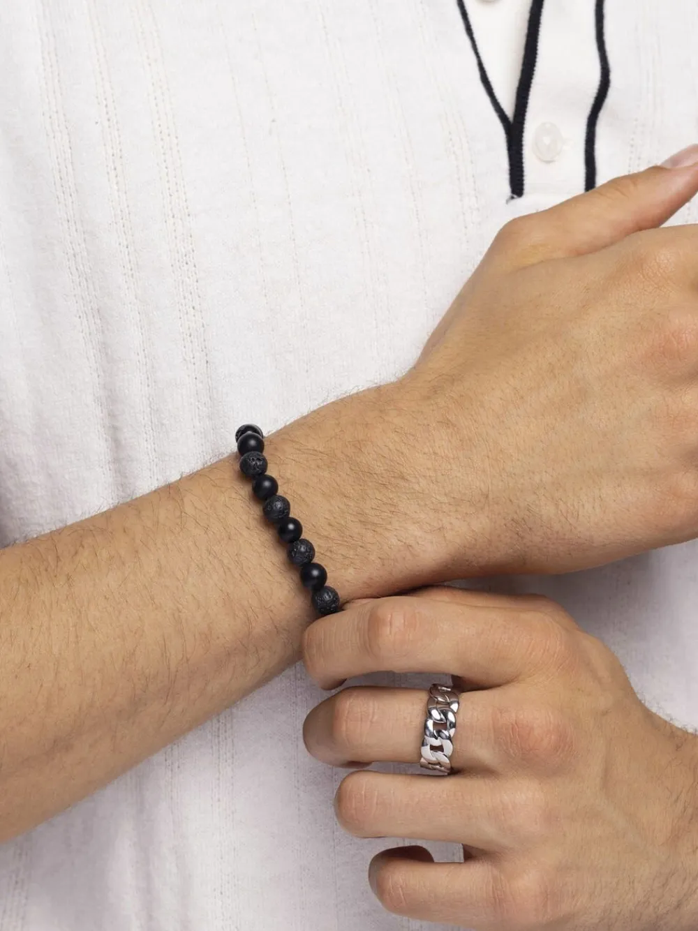 Nialaya Men's Wristband with Lava Stone, Matte Onyx and Logo B Black