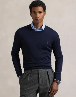 Polo Ralph Lauren Slim Fit Washable Wool Crewneck Sweater Blå Clearance